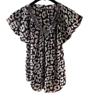 Express Women's Top with Black/Tan Leopard Print Sequined Flutter Sleeves Sz S